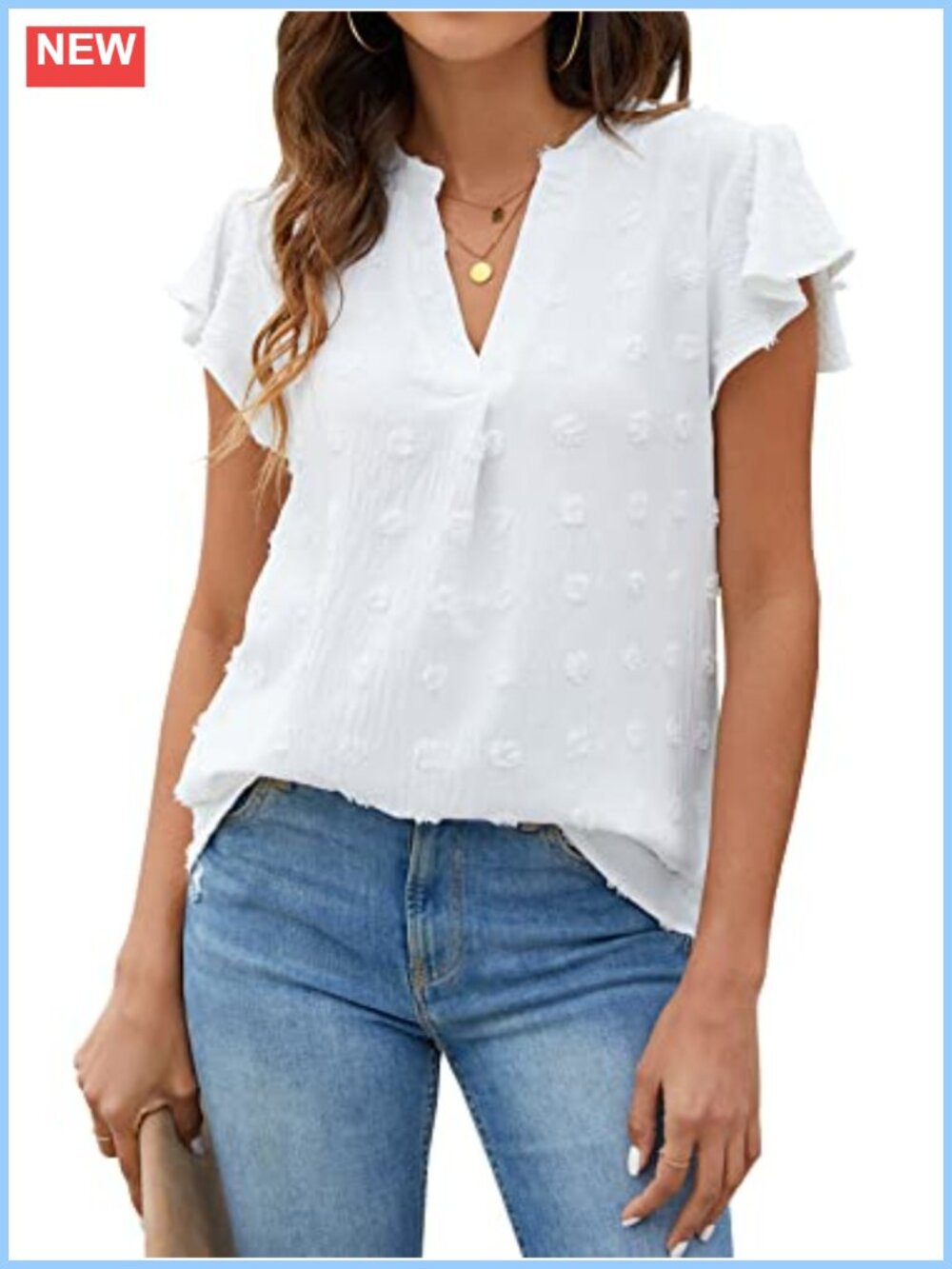 Womens Dressy Casual Blouse V Neck Ruffle Sleeve Swiss Dot Top